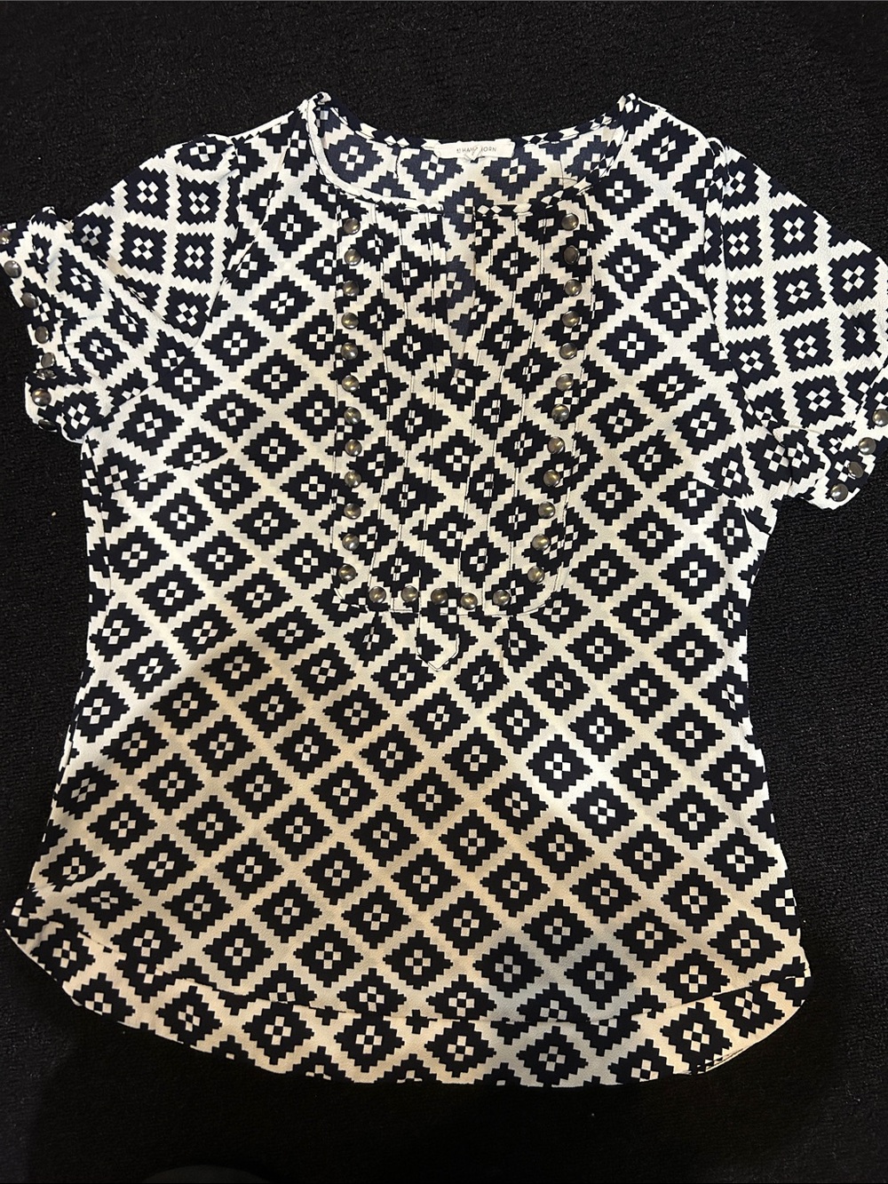 Hawthorne Studded Navy and Cream Geo-Print Short Sleeve Blouse